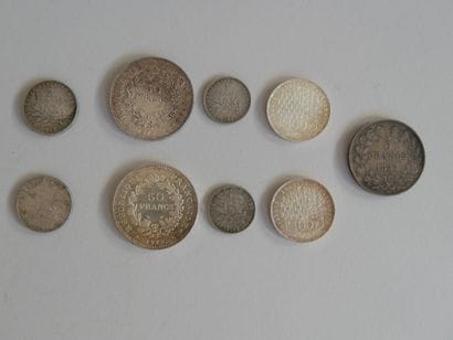 Set of silver coins: 50 francs, 100 francs......
