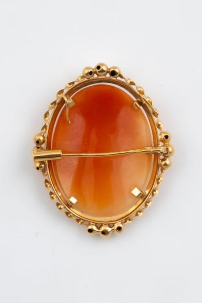 Shell cameo brooch featuring a woman’s profile...