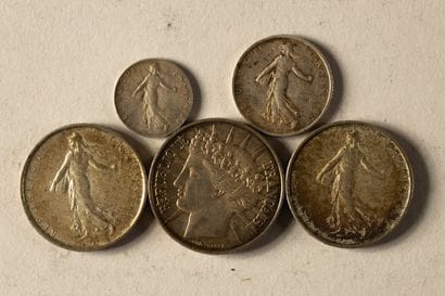 2 silver coins: 5 francs “Semeuse,” 1 franc...