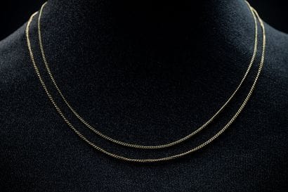 Two yellow gold (750) curb-link chains. Eagle-head...