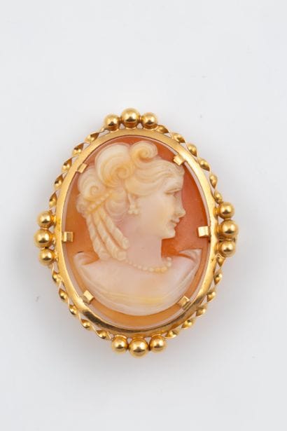 Shell cameo brooch featuring a woman’s profile...