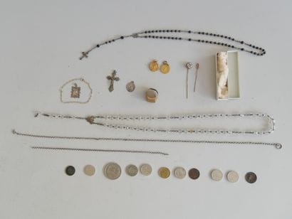2 rosaries, 2 metal baptismal medals, 2 metal...