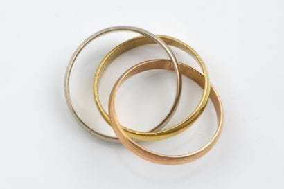 Three-tone white, rose, and yellow gold ring...