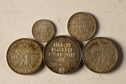 2 silver coins: 5 francs “Semeuse,” 1 franc...