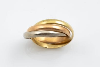 Three-tone white, rose, and yellow gold ring...