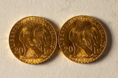 2-pièce or 20-franc Marianne/rooster coins...