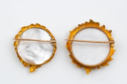 Two brooches with painted portraits, framed...