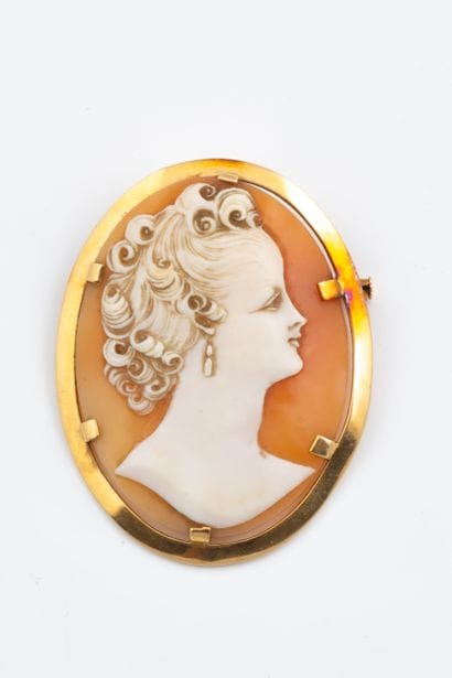 Cameo brooch featuring a woman’s profile...