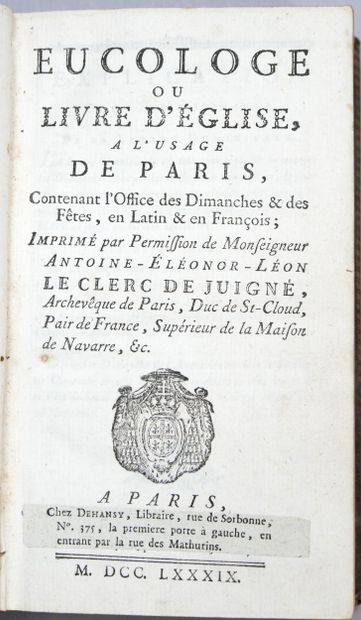 EUCOLOGUE or Church Book for Use in Paris...