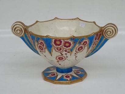 Coupe festonnée en céramique de Longwy polychrome...