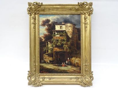 PEGHOUX Paysage avec tour, animé
