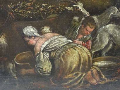 Ecole du XVIIe siècle, paysans et troupeau,...