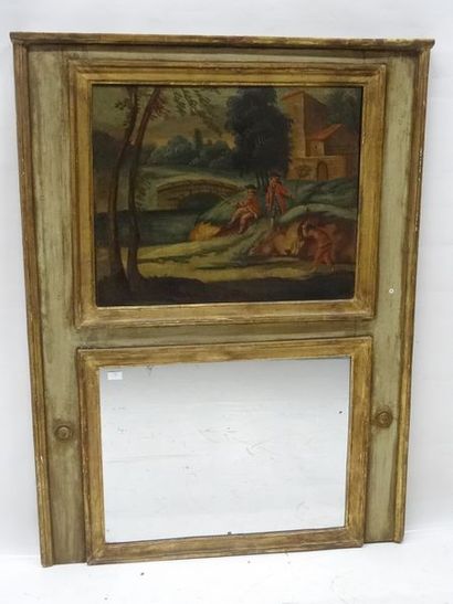Grand trumeau en bois laqué orné d'une toile...