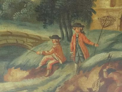 Grand trumeau en bois laqué orné d'une toile...