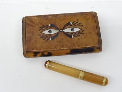 Grande tabatière en racine et écaille, étui...
