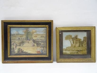 Aquarelle 15,5 x 20,5 cm et broderie du XIXe...