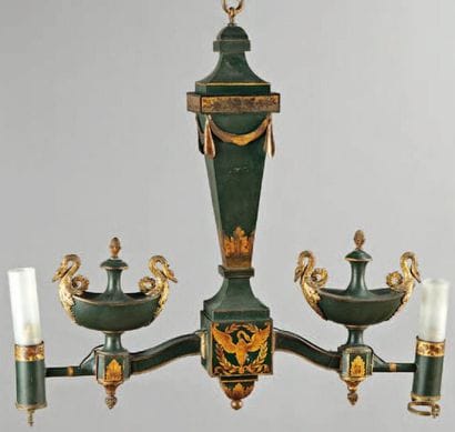 LUSTRE à deux lumières en tôle laquée vert...