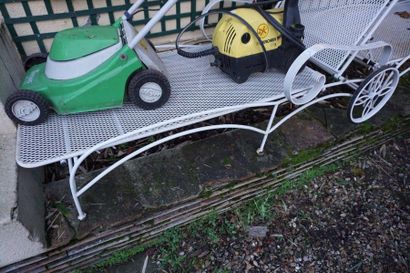 *Pair of painted metal deck chairs on wheels....