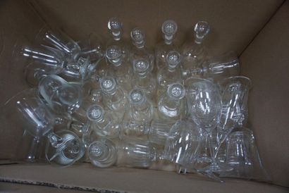Set of carafes and glass bottles engraved...