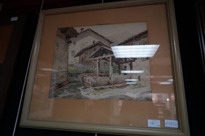 L. BLANC, Le lavoir, aquarelle signée en...