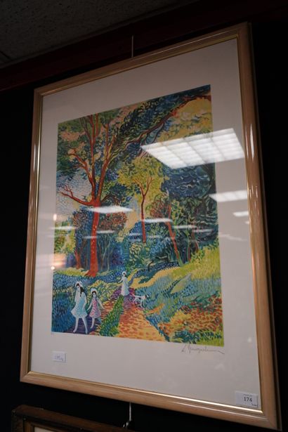 Fillettes dans un parc, lithographie en couleurs...