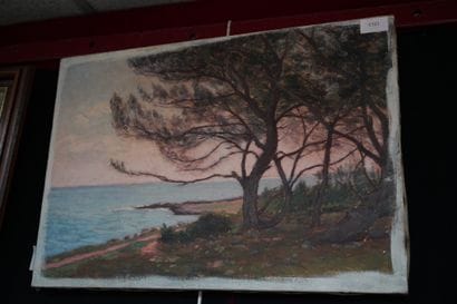 Réunion de cinq huiles sur toile dont Paysages...