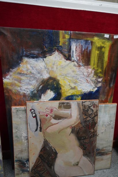 Ecole moderne, Trois huiles sur toile, Femme...