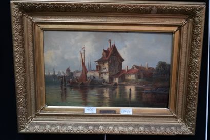 Van HOOM, Vue de port hollandais, deux huiles...