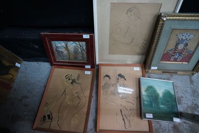 Six pièces encadrées : dessins de nu, portrait...