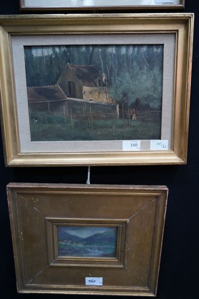 Ecole moderne, Paysage au pont, gouache sur...