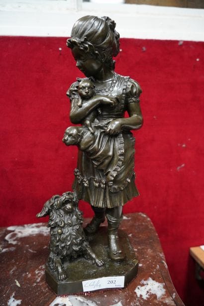 Ecole moderne, fillette aux chiots et chien,...