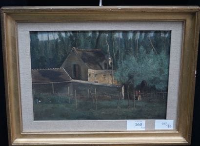Ecole moderne, Paysage au pont, gouache sur...