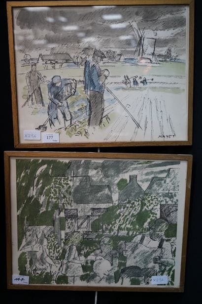 * Deux lithographies en couleurs, Scène aux...