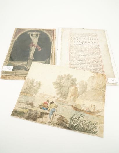 Deux gravures: crucifixion et scène paysagée...