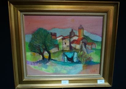 A. DURET, Vue de village, huile sur toile,...