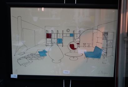 * Deux lithographies en couleurs, vues d'intérieur...