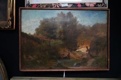 PERROT, Paysage à la rivière et au couple,...