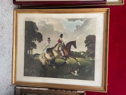 Gravure de chasse dans le goût anglais, horloge...