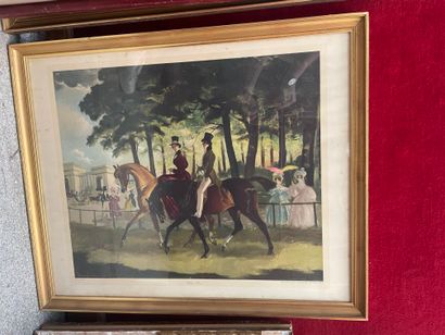 Gravure de chasse dans le goût anglais, horloge...