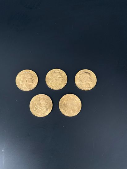5 pièces de 20 francs or 1913. Poids : 32,3...