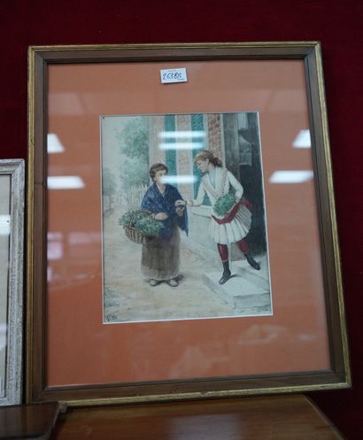 P.H. (XXe), La marchande de fleurs, aquarelle...