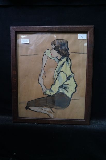 Ecole moderne, femme accoudée, gouache sur...