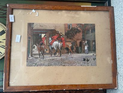 Gravure de chasse dans le goût anglais, horloge...