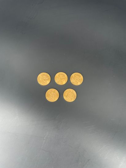 5 pièces de 20 francs or 1913. Poids : 32,3...