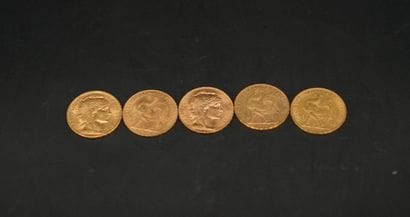5 pièces de 20 francs or 1908. Poids : 32,2...