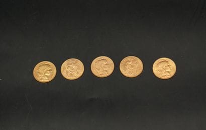 5 pièces de 20 francs or 1914. Poids : 32,3...