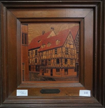 3 tableaux de marqueterie figurant Colmar,...