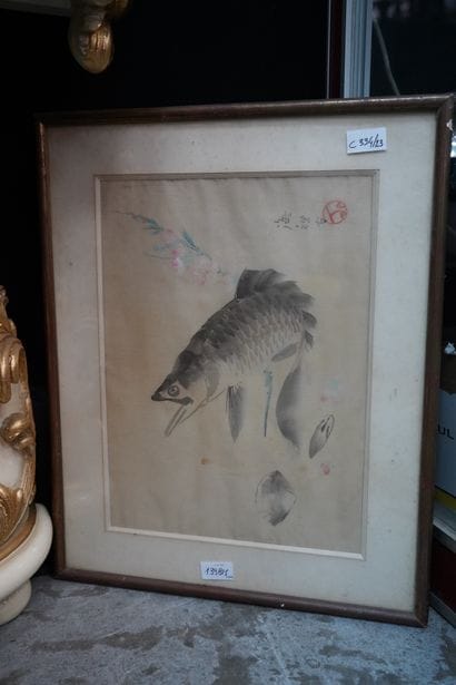 CHINE, le poisson, aquarelle sur tissu portant...