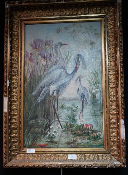 Ecole Moderne. Echassiers, huile sur toile,...