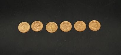 6 pièces de 20 francs or 1907. Poids : 38,7...